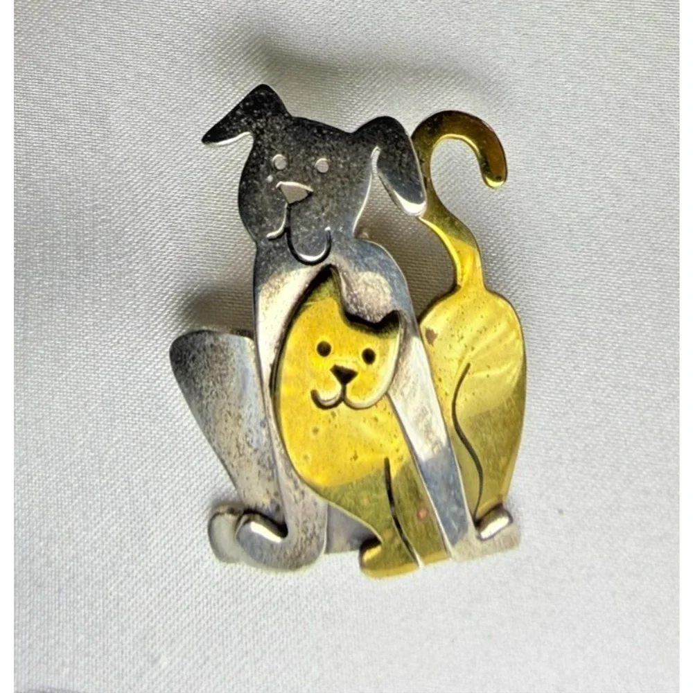 Vintage Far Fetched Cat and Dog Stick Pin Mixed Metal Brass Silver Tone Artisan